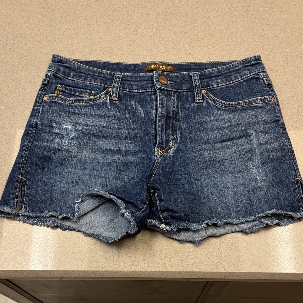 Dear John Dark Blue Frayed Hem Jean Shorts